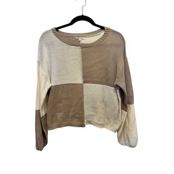 🍒 2/$20 🍒 Tan and Ivory Color Block Sweater with Balloon Sleeves sz Small - Picture 1 of 6